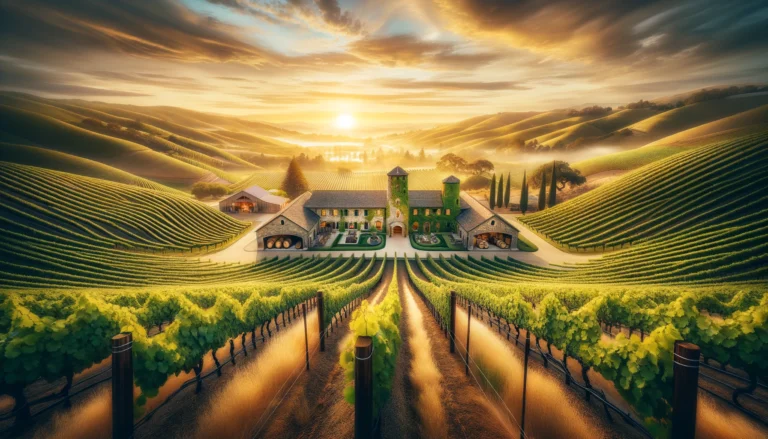 DALL·E 2024-02-17 19.42.35 - A panoramic landscape capturing the essence of tradition at a winery-distillery, emphasizing the vastness and beauty of the estate